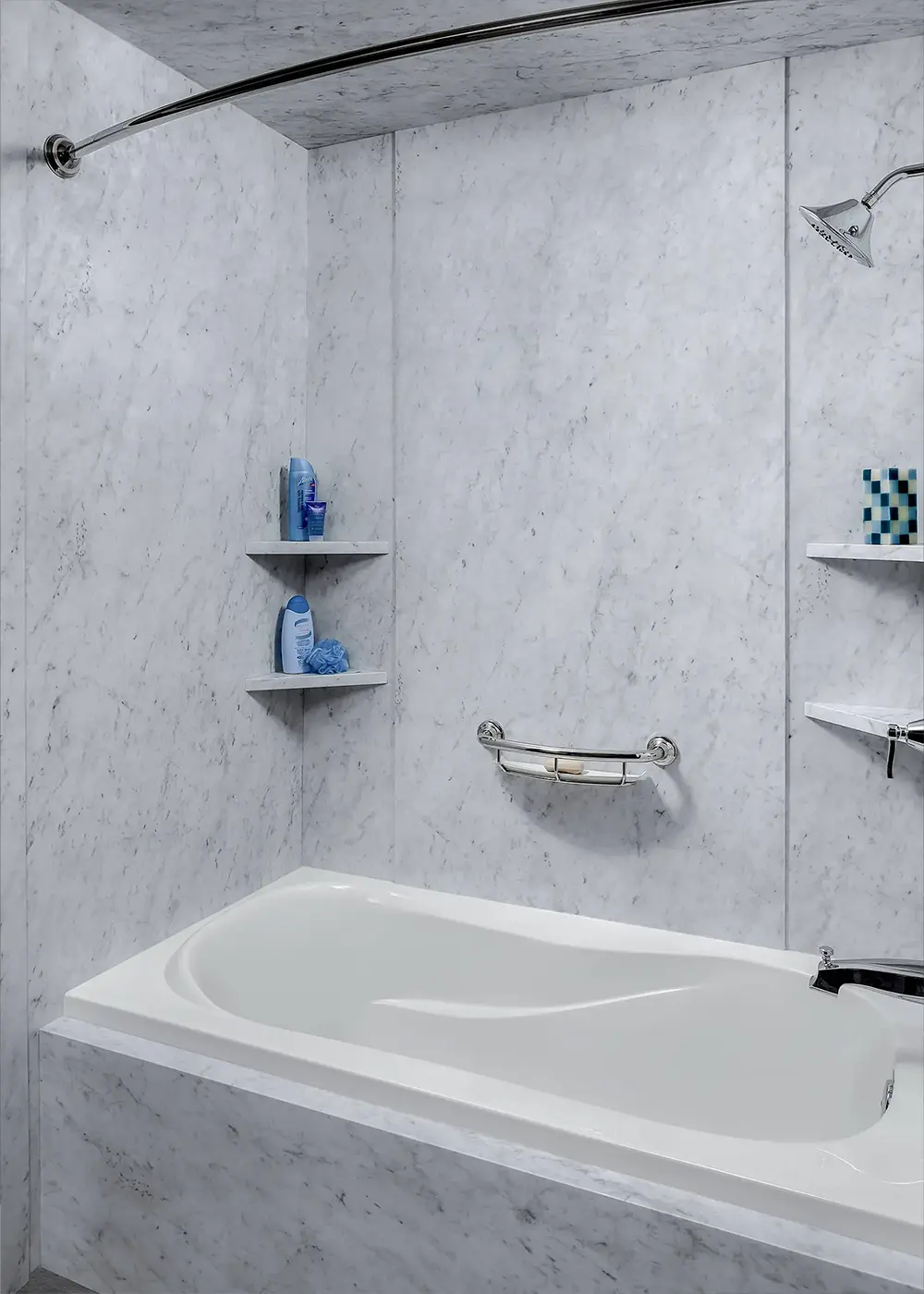 Light marble-inspired shower wall system