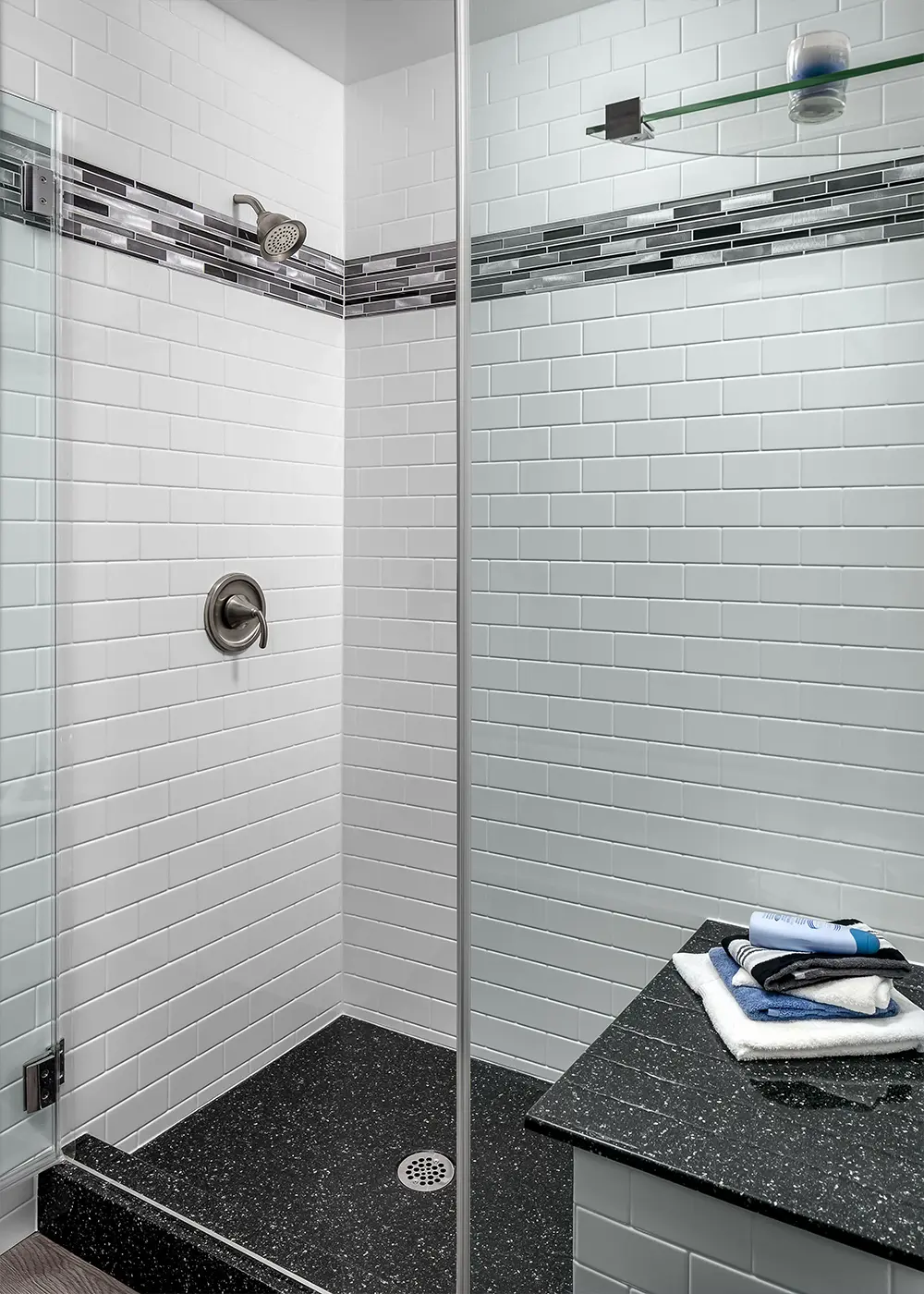White subway tile-look shower wall system